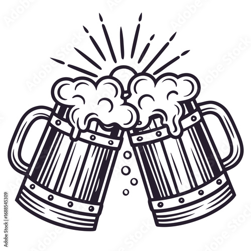 Cheers to Refreshment: A detailed, vintage-style illustration depicts two frothy beer mugs clinking together, celebrating camaraderie and enjoyment, showcasing the iconic moment of toasting.
