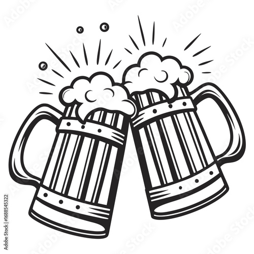 Cheers to the Brew: Two overflowing beer mugs clink in a celebratory toast, their foamy tops and radiating lines capturing a moment of conviviality.
