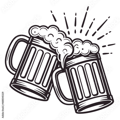 Cheers to Celebration: Two overflowing beer mugs clink together in a joyous toast, with sudsy foam erupting in a burst of delight, perfect for illustrating merriment and social gatherings.