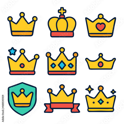 Nine stylish golden crown vector illustrations suitable for invitations, posters, logos, and royalthemed designs. Perfect for luxurious projects.
