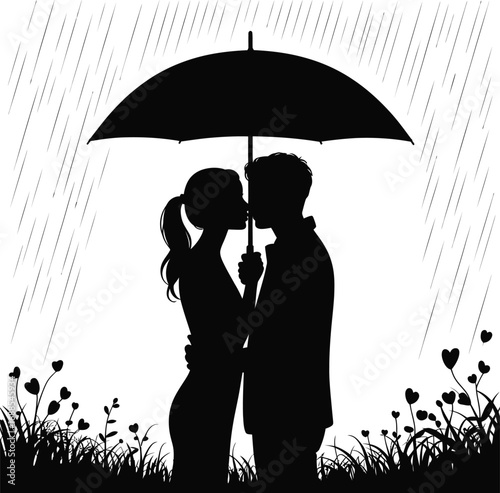 Couple kissing under umbrella in rain love