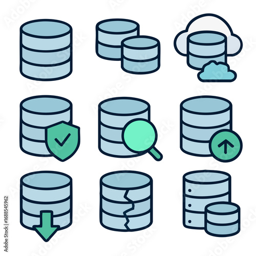 Nine database icons illustrating data concepts, suitable for web design, technology blogs, software presentations, and educational materials.
