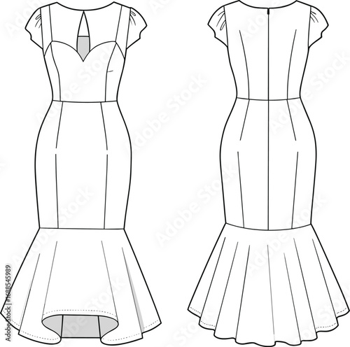CAD drawing flat vector illustration of women’s mermaid dress with cap sleeves, sweetheart neckline, fitted bodice, flared hem, front and back views, fashion technical sketch