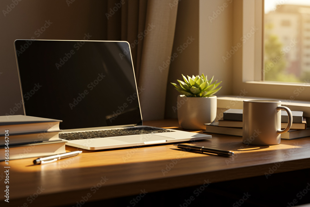 Fototapeta premium Modern Workspace with Laptop, Coffee, and Books by the Window
