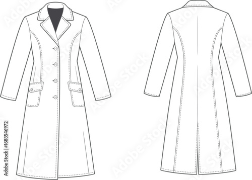 Long trench coat fashion design, stylish outerwear garment sketch, detailed sewing pattern template, front and back view, cad drawing flat vector illustration