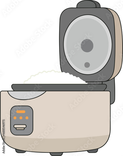 Opened electric rice cooker with cooked rice inside, portraying delicious homemade meals ready to serve, perfect for culinary concepts or recipe illustrations.