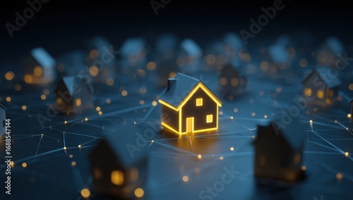 A central house highlighted by glowing yellow lines, surrounded by a network of smaller houses.  Dark background.  3D render