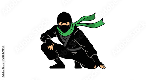 Crouching Ninja in Black Suit with Green Scarf.