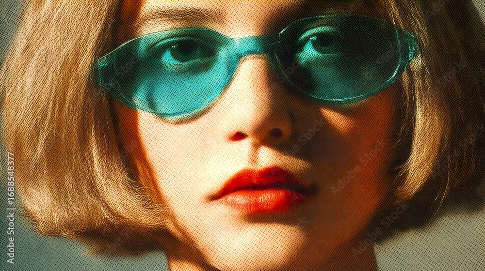 Fototapeta premium A Halftone Poster style Portrait of a Young Woman with Teal Sunglasses and Red Lips, Featuring a Dramatic Shadow, Conveying a Retro Pop Art Aesthetic