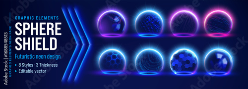 Shield sphere protect dome with 3d energy force field bg blue glass. Globe effect vector barrier abstract background or space bubble. Technology safety hexagon element ball grid power defense glow.