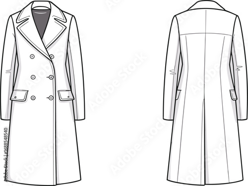 Long double breasted trench coat fashion design, elegant women outerwear template, stylish garment sketch, apparel pattern, cad drawing flat vector illustration