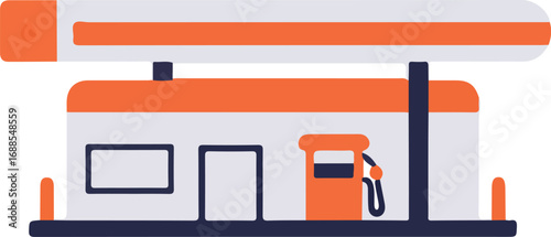 Gas station with orange and grey colors, suitable for travel brochures, gas station advertisements, urban environment visuals, and transportation designs.