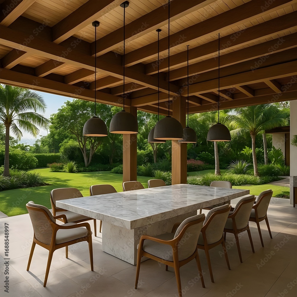 Fototapeta premium Luxurious Outdoor Dining Area on a Patio with a Lush Garden