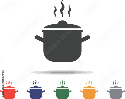 Pot with steam rising and colored variations below. Ideal for kitchen websites, cooking blogs, food illustrations, and cookingrelated designs.