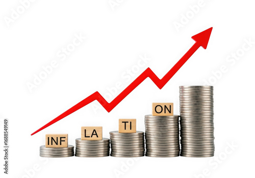 Rising inflation graph with coins and arrow showing economic growth and financial trends transparent background