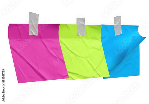 Brightly colored sticky notes adhere to surface with tape for reminders and organization transparent background