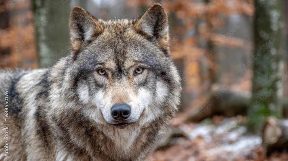 Fototapeta premium A majestic gray wolf gazes intently from the edge of a forest, surrounded by brown leaves and trees. This moment captures the beauty of wildlife in a serene, early winter setting.