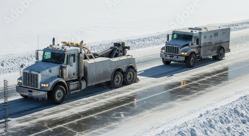 Heavy duty tow truck towing armored truck on icy winter road. Roadside assistance and recovery service for truck.