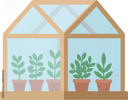 Greenhouse with plants in terracotta pots. Ideal for gardening, agriculture, environmental, and sustainability concepts for web, print, or social media.
