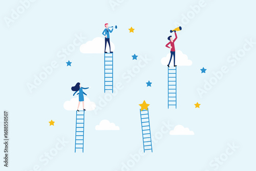 Diverse business people climb ladders towards stars and clouds seeking future opportunities and success