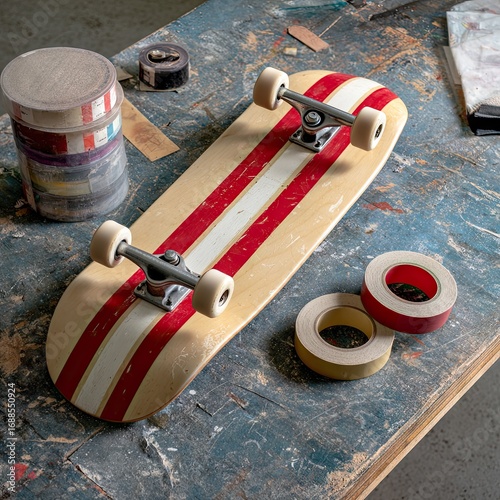 A light-wood skateboard with red and white stripes rests on a worn workbench amongst rolls of tape and woodworking tools