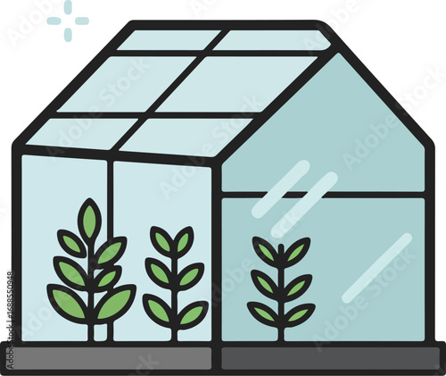Greenhouse capturing flourishing plants under its transparent roof, ideal for environmental, agricultural, gardening, and sustainable business concepts.