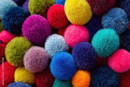 Close-up of many colorful pom-poms