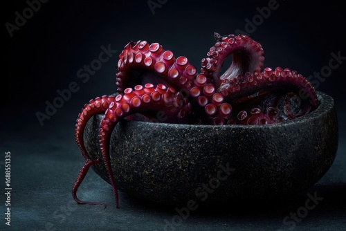 Fresh octopus tentacles in dark bowl