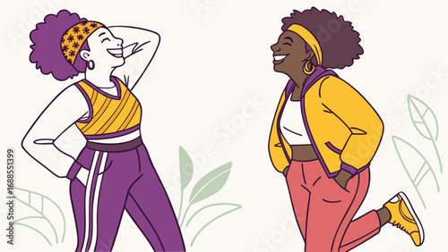 Two women are depicted laughing and enjoying each other's company. Their colorful clothing and cheerful expressions evoke a sense of camaraderie and happiness.AI generated.