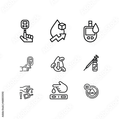 Diabetes Management Icon Set – Blood Sugar Testing, Glucose Monitoring, and Insulin Care