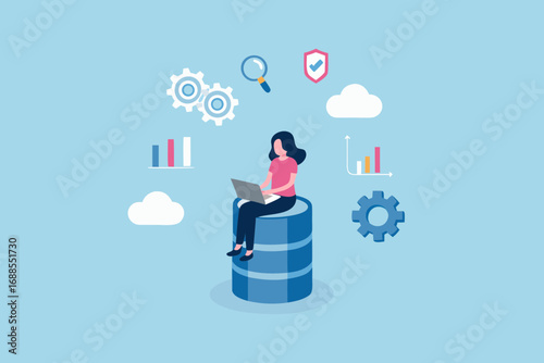 Woman working on laptop sitting on database with cloud computing and analytics icons around her