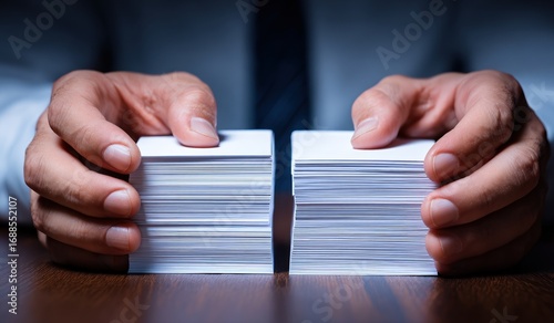 Close up of hands pushing two stacks of white cards/paper together on a wooden desk. Person wearing shirt/tie in background, blurred