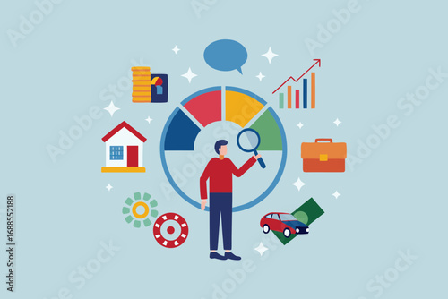 Man with magnifying glass analyzing financial pie chart and various assets for investment decisions