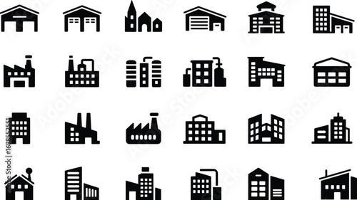 Industrial factory warehouse and building icons set, modern architecture silhouette template, real estate construction symbols cad drawing flat vector illustration