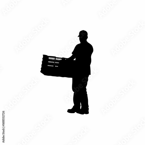 Silhouette of vineyard worker stacking grape crates during harvest