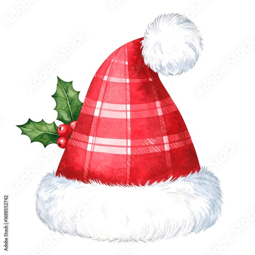 Watercolor Santa hat with holly