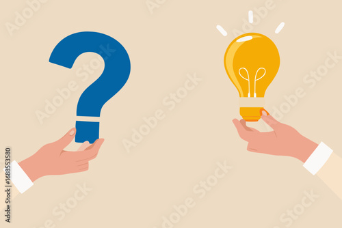 Hands holding a question mark and a glowing light bulb representing problem solving and idea generation