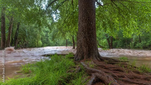 Flash flood rushing powerfully through the forest around a majestic tree with exposed roots
