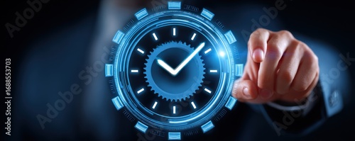 A person in a dark suit interacts with a luminous blue, futuristic clockface showing a checkmark. Focus is soft, creating depth