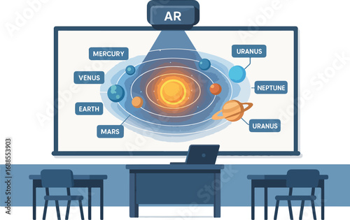 Classroom wall projecting interactive solar system via AR Illustration