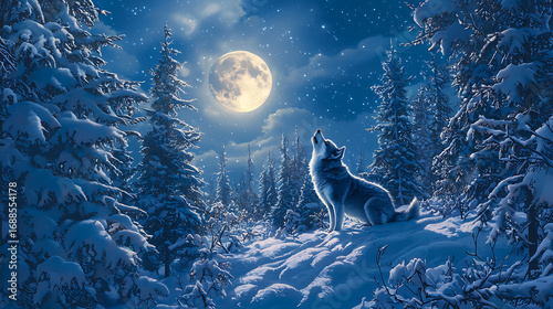 A wolf howls at the moon in a snowy forest