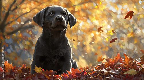 A black dog is sitting on a pile of leaves