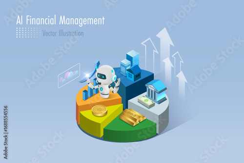AI robot rebalancing diversification investment on 3D pie graph. Artificial intelligence technology to manage financial allocation investment strategy and risk management on portfolio.