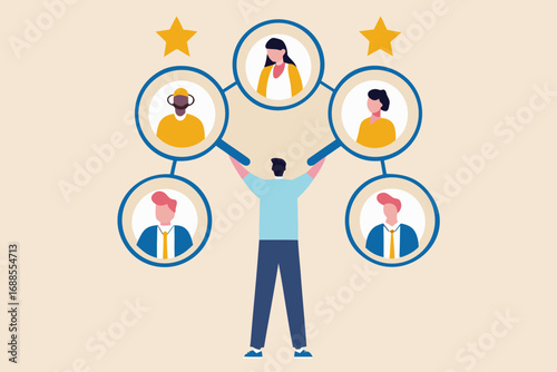Human resources manager searching for talented employees using magnifying glasses and stars