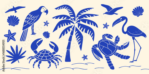 Charming blue tropical beach scene with palm trees parrots flamingos crabs and sea creatures
