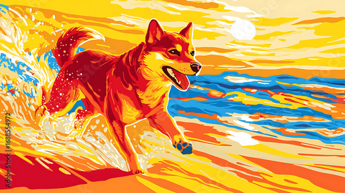 A dog is running on the beach with the sun in the background