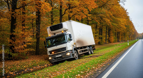 Wallpaper Mural Large white truck off road, in a ditch on the side of a highway. Autumn accident and road assistance concept. Torontodigital.ca