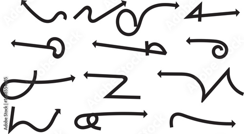 A vector collection of black and white arrows, signs, and icons for design and illustration
