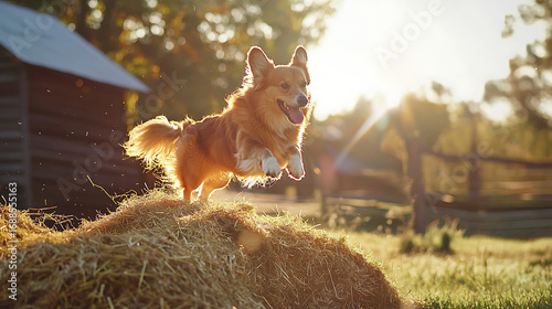 A dog is jumping over a pile of hay in a field