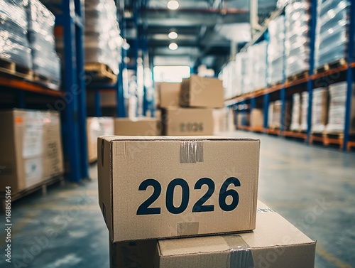 Several cardboard boxes arranged neatly in warehouse, with numbers 